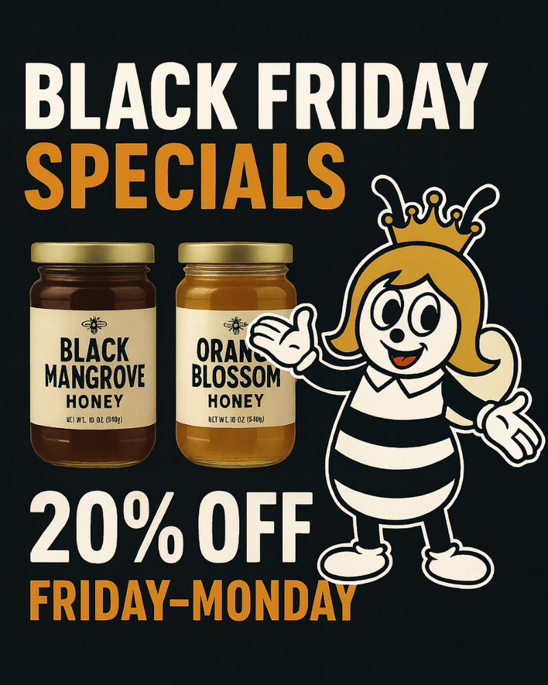 Black Friday honey sale featuring 12 oz Black Mangrove honey and 12 oz Orange Blossom honey jars with Bee Friends Farm mascot Bee-a-trix, showing 20% off Friday through Monday on a dark background.