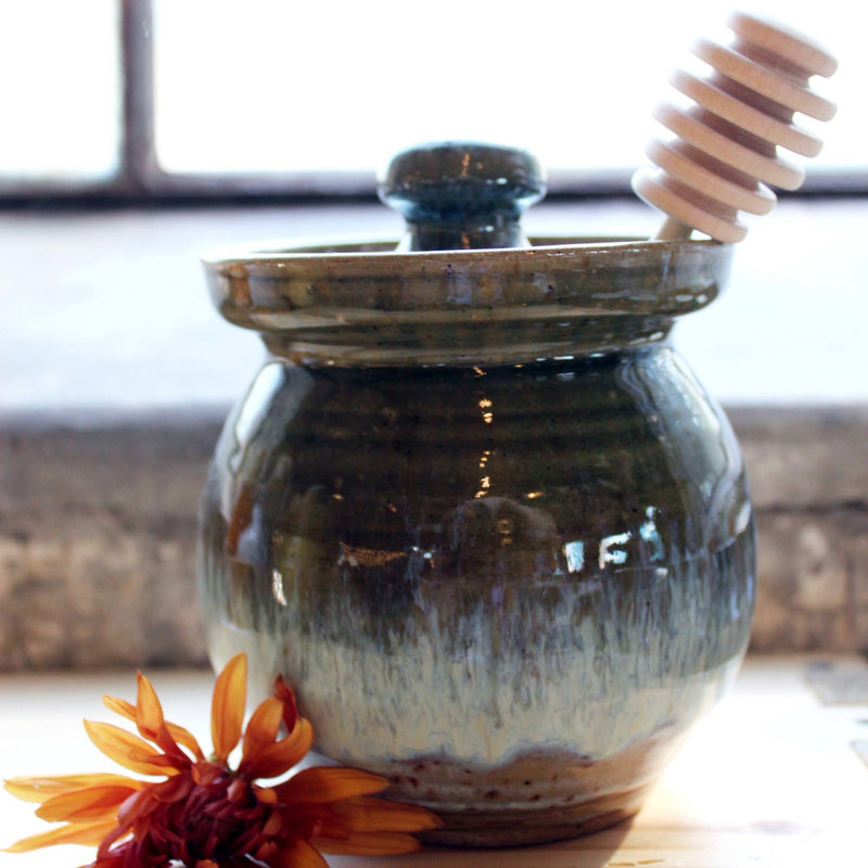 Stoneware Honey Pot with a Free Wooden Honey Dipper - Bee Friends Farm
